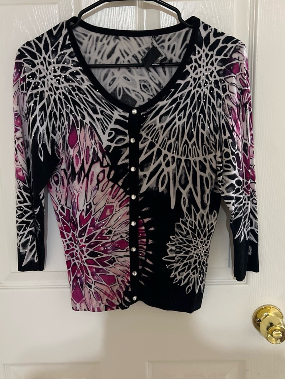 White House Black Market Black, White & Magenta Floral Button-Front Cardigan